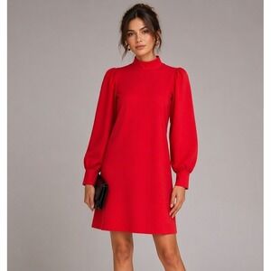 Ann Mashburn Womens Dress M Red Mock Neck Shift Puff Sleeve Mini Bold Retro 60s
